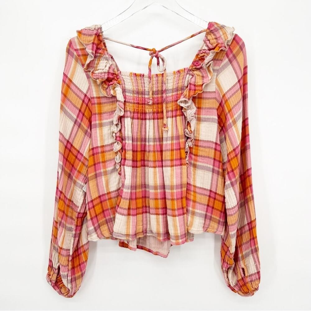 NWT Free People Women Sienna Plaid Ruffle Square Neck Blouse S - Picture 3 of 11